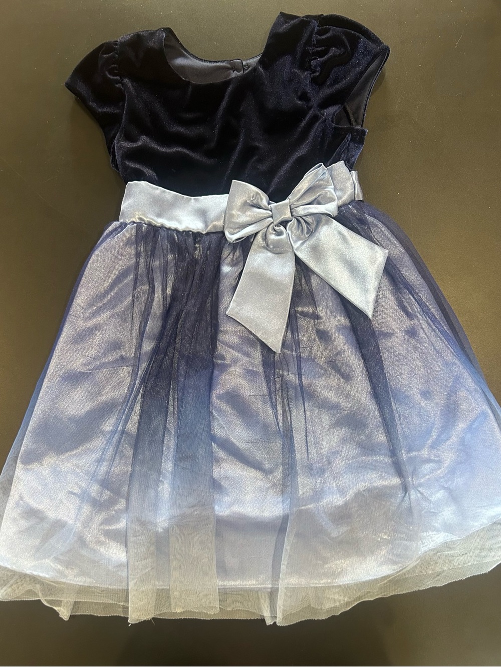 Jona Michelle Navy and Silver Velvet Bow Tulle Party Dress